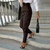 Pantalon femme s Chic Mode Bouton PU Pantalon En Cuir Printemps Bottoming Zipup Pantalon Fendu Automne Poches Slim Bandage Crayon Mujer 231201