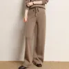 Calças femininas perna larga outono cintura alta casual solto encaixe tubo reto lã malha esfregão vestindo longo fora