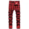 Men's Jeans Men Red Plaid Printed Pants Fashion Slim Stretch Jeans Trendy Plus Size Straight Trousers 231201