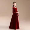 Girl Dresses Elegant Party Dress Velvet Flower For Wedding Long Sleeves Princess Bow Birthday Concert Short Junior Bridesmaid Gown