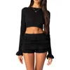 女性用トラックスーツZJLJAYCHOU WOMEN HOLLOW OUT KNIT SETS ONG SLEEVE CROP TOPおよびHIGH WAIST TIERED SKIRT LOUNGE TRACKSUIT OUTFITS