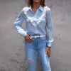 Women's Blouses Gaovot Fashion Office Lady Blue Plaid Shirt Polo Neck Long Sleeve Lace Ruffled Women Casual Tops Elegant