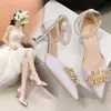 Dress Shoes Fashion Pearl Wedding Shoes for Bride Pointed Toe Ankle Strap Thin Heels Pumps Women Luxury Crystal High Heeled Bridal Shoes 231201