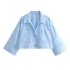 Kvinnors blusar Bazaleas officiella butik Blue Short Summer Chic Lapel Single-Breasted Nine Quarter Pockets Shirt Tops For Women