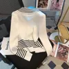 Malhas femininas primavera e outono colorido preto branco listra manga longa camisola de malha cardigan polo pescoço fino ajuste topo