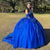 Niebieska błyszcząca suknia balowa sukienka na balusowe sukienka Suknia ukochana 3dflowers Applique koronkowe sukienki z długich rękawów Vestidos de 15