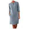 Casual klänningar Kvinnors grundläggande enkla fasta färg bomullslinne Lång klänning Elegant Half Sleeve Kne-Length Loose Button Boho