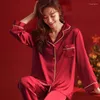 Vêtements de nuit pour femmes 2023 Ensemble de pyjamas en soie douce Ensemble de haut et de pantalon imprimé d'amour mignon Tache PJS chinois chanceux rouge lâche salon ensembles vêtements de maison