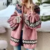 Kvinnors tröjor Casual Splice Jacquard Sticked tröja Retro Lantern Sleeves Ladies Cardigan 2023 Autumn Winter Loose Women Outwear 231202