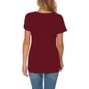 Blusas femininas tamanho grande camisa vermelha vinho elegante cor sólida waffle camisas de malha e manga curta decote em v simples lazer topo