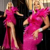 Hot Pink Aso Ebi Prom Dresses sjöjungfru Feathers Sexiga höga slitssekvenser pärlstav formell klänning för svarta flickor 2023 afrikanska aftonklänningar ST523