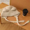 Beanie / Skull Caps Cute Girl Knit Orelha Proteção Chapéu Urso Mulheres Earffs C Lã Crochet Bonnet Cor Sólida Capuz Gorros Inverno Quente Headgear L231202