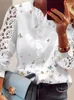 Damesblouses Shirts Mode Elegante lange mouw Vlinderprint Office Lady Top Witte dames ruches uitgeholde blouse Vrouwelijke kleding