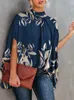 Kvinnors blusar Casual Loose Print Blue Fashion Batwing Sleeve O-Neck Shirts Oversize Top 2024 Spring Summer Office Lady Lady