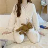 Women's Sleepwear Lace Women Pajamas Set For Fleece Korean Cute Suit V-neck Winter Piiama 2 Pieces Patchwork Pyjamas Night Wears