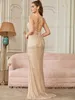 Vestidos Sexy Urbanos Sparkly Champagne Gold Lantejoulas Sereia Vestidos de Noite para Mulheres 2023 Sexy Spaghetti Backless Long Split Formal Prom Party Vestido T231202