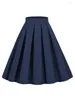 Kjolar solid 50-tal vintage veckad midi kjol kvinnor eleganta kläder hepburn stil swing retro a-line blå faldas