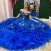 Glitzernde blaue Quinceanera-Kleider mit Umhang, formelle Geburtstagsfeier, Ballkleid, Applikationen, Perlen, Tull, abgestuft, Vestidos de 15 Jahre