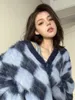 Kadın Örgü Mink Cashmere Kontrast Renk Ekose Kadın Sweaters Uzun Kollu Japon Vintage Kalın Hardigan Büyük Boy Örgü Katlar Y2K