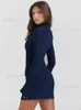 Urban Sexy Dresses Elegant Dark Blue Solid High midja Mini Dress Women Fashion Pocket Decora Långärmad kroppskonklänningar 2023 Chic Party Club Robes T231202