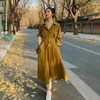 Günlük elbiseler bahar sonbahar kıyafetleri kadınlar vintage zarif düz renkli Kore tarzı uzun kollu elbise bayan gevşek gömlek kemer z002