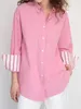 Camisetas para mujer Blusa rosa para mujer 2023 Otoño / Invierno Señoras francesas Manga larga Puños a rayas Camisa suelta y top con un solo bolsillo