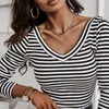 Camicette da donna Sexy doppio scollo a V Backless Scava fuori Donna Elegante stampa a righe Camicie da ufficio Primavera Autunno Manica lunga Top Pullover