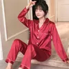 Home Clothing Femmes Satin Soie Pyjamas Ensemble Couleur Unie Pyjama Costume À Manches Longues Casual Vêtements De Nuit Vêtements De Nuit Doux Vêtements De Maison Pjs Plus Taille 221202