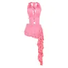 Robes décontractées Sexy Rose Ruffle Halter Mini Robe Femmes Été Y2K Asymétrique Festival Festival Femme 2023 Gaine Lace Up Robes