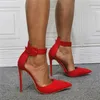 Teen vrouwen puntige mode -sandalen elegante stiletto enkelriem gesp geworden pumps zwart wit rood hoge hakken formele kleding schoenen 236