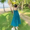 Sukienki swobodne mody eleganckie sznurowane w plecy koronkowe zrzucane długie impreza dla kobiet 2023 Summer Blue Strappy Loose Holiday Beach Sukienka