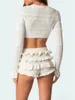 女性用トラックスーツZJLJAYCHOU WOMEN HOLLOW OUT KNIT SETS ONG SLEEVE CROP TOPおよびHIGH WAIST TIERED SKIRT LOUNGE TRACKSUIT OUTFITS