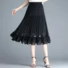 Kjolar eleganta vintage kvinnor mesh svart midi kjol office lady mode hög midja koreon vår sommar smal casual veckad