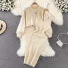 New Summer Two Piece Dress Sweater Set Casual Pullovers Suits Slip Dress For Women Slim Solid Autumn Winter Knitted Long Sleeve Elegance Elastic Sweet 2024