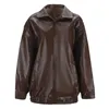 Kvinnorjackor PU Läderjacka Coat Autumn och Winter Solid Color Zipper Lapel Loose Retro Moto Biker Outwear Tops