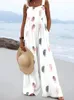 Kvinnors jumpsuits rompers Summer Spaghetti Stems Loose Overalls Boho Vintage Pattern Print Wide Leg PlaySuit Women Casual Pocket Beach Straight Jumpsuits 231202