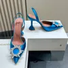 Amina Muaddi Crystal-Embellished Backle Stain Pumps Shoes Spool Heels Slingback Sandals女性の豪華なデザイナードレスシューズイブニングサンダル