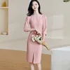 Casual Dresses Women Formal Dress Elegant Pink Slim Pencil Office Lady Work Party Autumn Winter