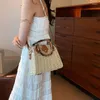 Evening Bags Vintage Bamboo Handle Handbag For Women Designer Straw Bag PU Leather Shoulder Crossbody Lady Khaki Beige Handmade Woven
