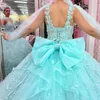 Sky Blue V-Neck Princess Quinceanera Dress Ball Suknia z Cape Butterfly Applique Beadig Sweet 16 Sukienka Vestidos de 15 anos