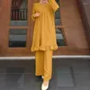 Vêtements ethniques Musulman Abaya Pantalon Costumes 2 Pièce Causal Arabe Solide Manches Longues Hauts Pantalons Tenues Islamiques Mode Turquie Kaftan