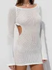 Women's Swimwear Louatui Women Crochet Bikini Cover Ups Long Sleeve Backless Solid Color Swimsuit Up Mini Dress