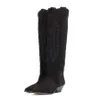 Bottes MStacchi femmes bottes hautes nu noir daim brodé genou bottes hautes femmes Sexy bout pointu Spike chaton talons chevalier bottes 231202