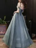Vintage Long Off Shoulder Tulle Prom Dresses Blue A-Line Sweetheart Golvlängd PLACED SOT UPP Back Party Dress Maxi Formella aftonklänningar för kvinnor