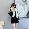 Frauen Trenchcoats Winter Frauen Schwarz Daunen Baumwolle Mantel Für Faux Pelz Kragen Bomber Jacke Kurz Gepolsterte PU Parka Leder strickjacke