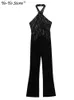 Kobiety Jumpsuits Rompers Velvet Tassel cekinowy halter kombinezonu kobiet bez rękawów Seksowne przyjęcie SUKUTY KOBIETA AUTUM Moda Slim Lady Rompers 231202