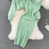 New Summer Two Piece Dress Sweater Set Casual Pullovers Suits Slip Dress For Women Slim Solid Autumn Winter Knitted Long Sleeve Elegance Elastic Sweet 2024