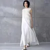 Casual klänningar 2023 Sommarbroderi Organza Maxi Long Tank Dress Cotton Linen Women Vintage Sundress Robe White Beach R2420