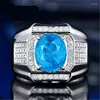 Кольца кластера, роскошное полное циркониевое открытое кольцо с морским синим кристаллом, европейские и американские обручальные ювелирные изделия для свадьбы, подарки
