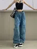 Women's Jeans RDMQ 2023 Casual Wide Leg Work Pants Women Vintage Faux High Waist Large Pockets Loose Bottom Pant